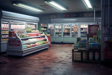 An unoccupied grocery store featuring freezer displays. A rendered art piece. Generative AI