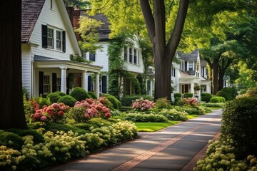 Picturesque Greenwich, CT sidewalk with charming homes. Generative AI - obrazy, fototapety, plakaty