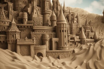 Detailed view of sandcastle created digitally. Generative AI