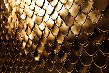 A polished mosaic wall made of glossy fish scale bullion tiles stacked in 3D blocks. Rendered in gold. Generative AI
