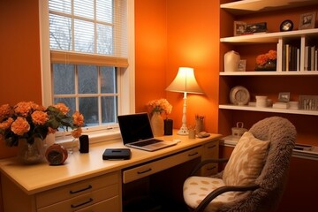Warm and cozy workspace in orange hues, perfect for an office cubicle or home office. Generative AI