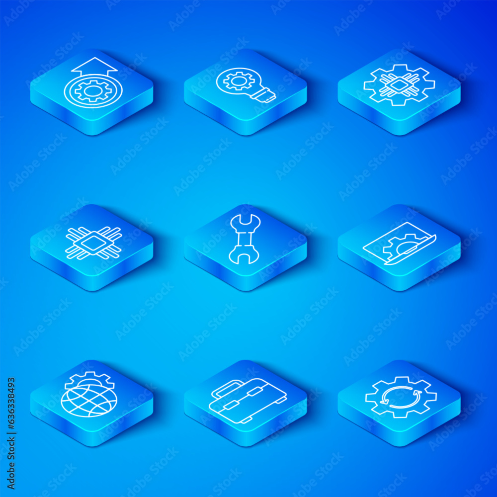 Poster set line globe of the earth and gear, wrench spanner, toolbox, laptop, processor, with microcircuits