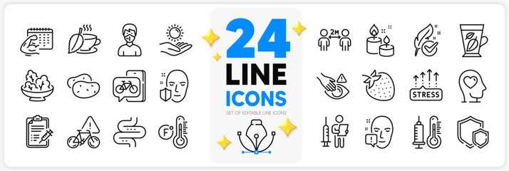 Icons set of Fahrenheit thermometer, Bike app and Sun protection line icons pack for app with Stress grows, Face attention, Thermometer thin outline icon. Hypoallergenic tested, Mint tea. Vector