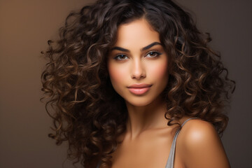 Fototapeta premium Generative IA picture portrait of young mixed race girl natural beauty stunning curls over light pastel color background