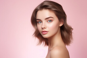 Naklejka premium Generative IA picture of young girl natural beauty spa salon concept over pink pastel color background