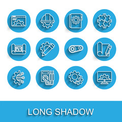 Set line Algorithm, Multimeter, Browser setting, Gear, Computer monitor and gear, Pencil, Graphing paper pencil and Timing belt kit icon. Vector