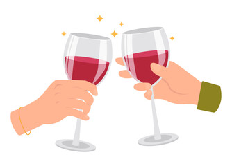 Two hands with glasses of rose wine. Cheers! Vector graphic.