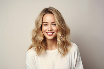 Fototapeta premium Generative AI portrait attractive young blonde hair girl smiling beauty concept isolated pastel color wall background