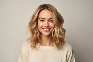Obraz premium Generative AI portrait attractive young blonde hair girl smiling beauty concept isolated pastel color wall background