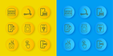 Set line Asian noodles and chopsticks, Online ordering delivery, Food, pizza, Burger, and Scooter icon. Vector