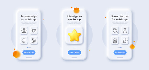 Smile, Recovered person and Handshake line icons pack. 3d phone mockups with star. Glass smartphone screen. Discrimination, Third party, Time management web icon. Vector