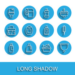 Set line Bottle for cleaning agent, Toilet bowl, Basin with soap suds, Menstrual cup, of shampoo, Sanitary tampon and icon. Vector