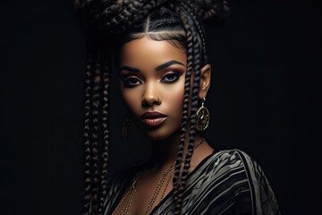 Beautiful African American Woman with Braids & Smokey Eyes - Ethnicity and Beauty Concept. Generative AI
