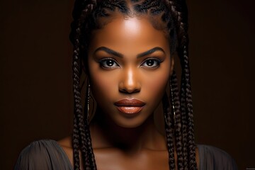 Beautiful Black Woman with Braided Hair and Smokey Eyes Looking Seductively During Evening Event: Generative AI