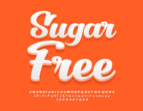 Vector health Emblem Sugar Free. Cursive White Font, Artistic 3D Alphabet Letters, Numbers and Symbols set