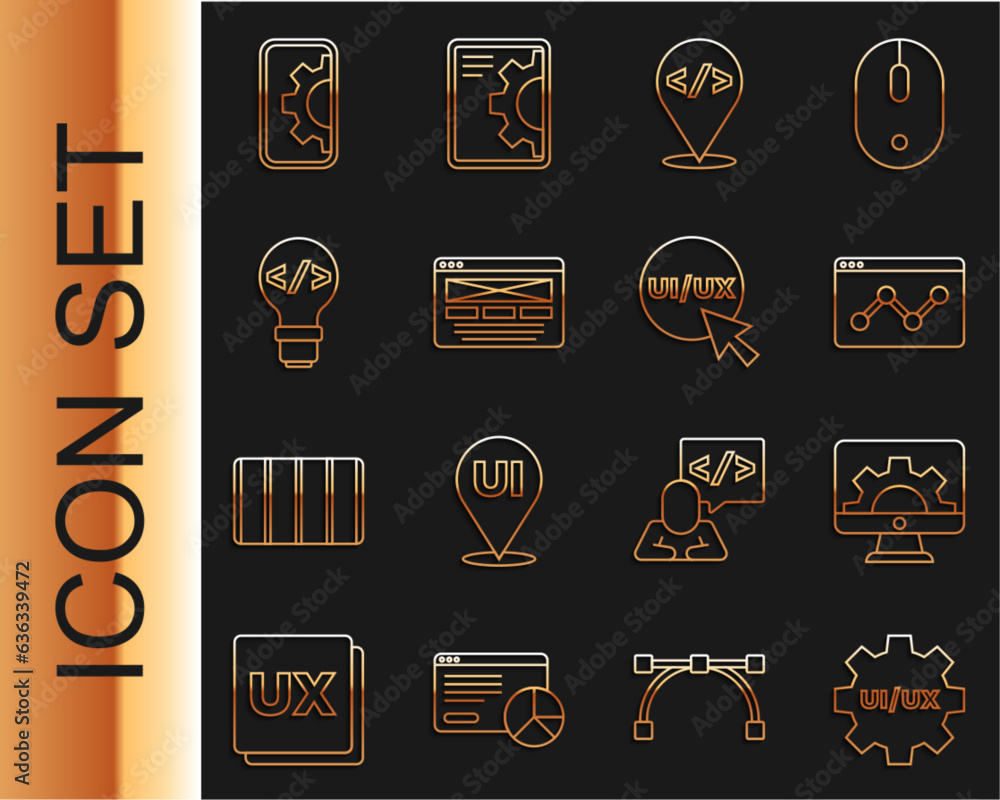 Poster set line ui or ux design, web development, website statistic, front end, and icon. vector