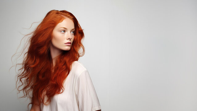 Portrait of a beautiful young woman in profile with red hair on a light background 