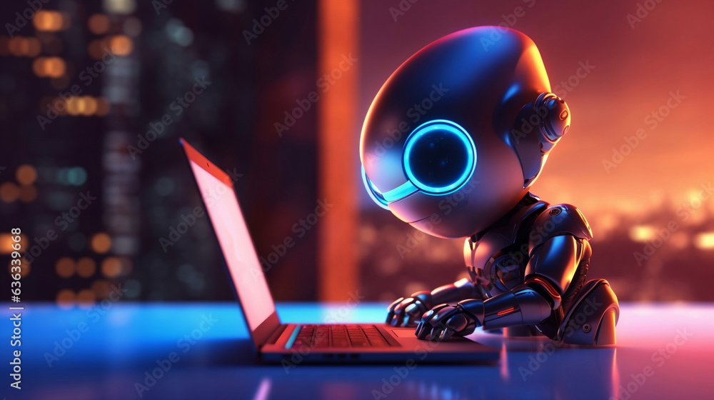 Aufkleber articifial intelligence robot in red using computer with blurred city skyline, chatbot and disruptiv