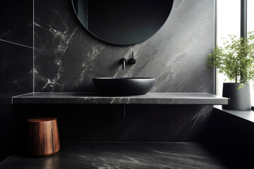 Black bathroom interior design, countertop washbasin and  faucet on black marble counter, round mirror and wooden stool in modern luxury minimal washroom.