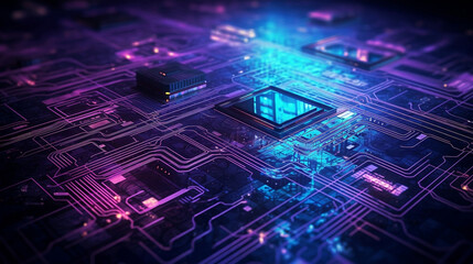 Digital circuit board microprocessor motherboard computer hardware in neon purple glowing light, futuristic technology abstract background. - obrazy, fototapety, plakaty
