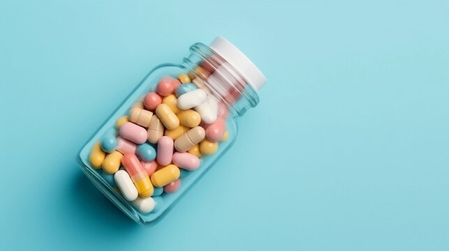 Close up image of glass medicine jar full of capsule pills isolated on blue background with copy space, healthcare concept.