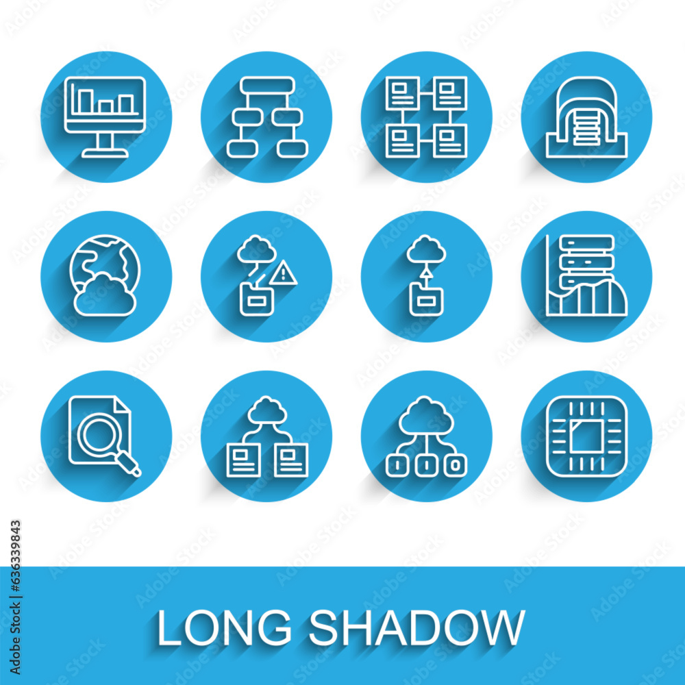 Poster set line search concept with folder, cloud technology data transfer, monitor graph chart, processor 