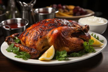 Fototapeta premium smoked turkey on a white plate with cranberry sauce 