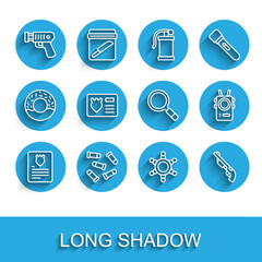 Set line The arrest warrant, Bullet, Police electric shocker, Hexagram sheriff, shotgun, badge with id case, body camera and Magnifying glass search icon. Vector