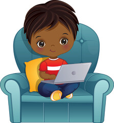 Vector Little African American Boy with Laptop