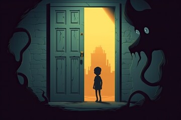child little boy stand in front of door with monster illustration