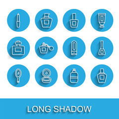Set line Hand mirror, Makeup powder with, Nail file, Perfume, polish bottle and Bottle of shampoo icon. Vector
