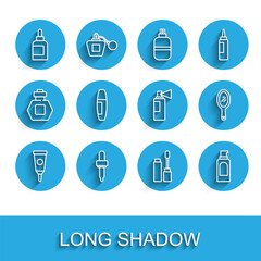 Set line Cream or lotion cosmetic tube, Pipette, Mascara brush, Spray can for hairspray, Hand mirror and Perfume icon. Vector