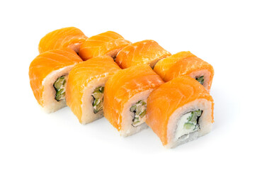 Uramaki. Philadelphia classic isolated on white background. Salmon, Philadelphia cheese, cucumber, avocado, tobiko. Japanese traditional cuisine.