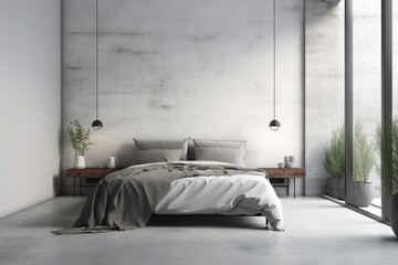 Contemporary industrial bedroom with white concrete wall, 3D render. Generative AI