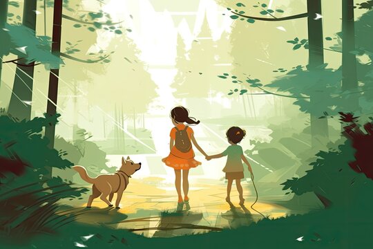 childen with dog walk in forest illustration