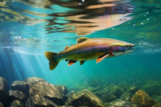Rainbow & brown trout swimming in mountain lake. Generative AI