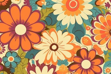 1960s-style groovy summer background with a retro flower pattern for fabric, t-shirt, and decor. Generative AI