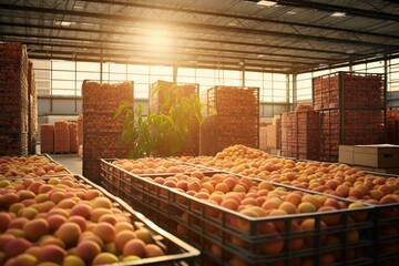 Storage warehouse filled with fruit boxes containing ripe peaches. Generative AI