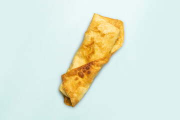 chicken roll with fresh tomatos, salad, cheese and onions on bright blue background. Top view.