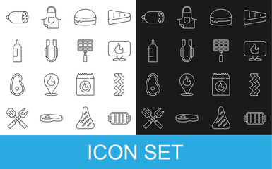 Set line Barbecue grill, Bacon stripe, Location with fire flame, Burger, Meat tongs, Sauce bottle, Salami sausage and steel grid icon. Vector