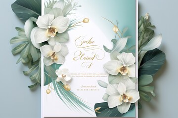 wedding invitation template card set with greenery watercolor leave and branch