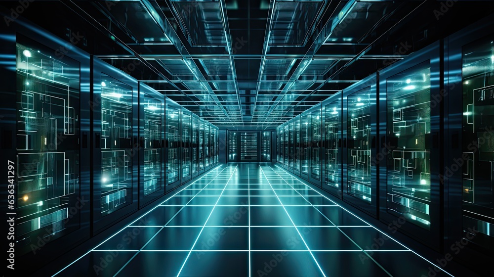 Poster center of connectivity: a high-tech data center with network racks and ethernet towers