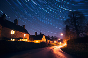 village on night starry sky glowing road landscape on shutter speed generative ai
