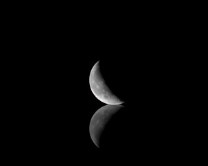 Waning Crescent Moon With Reflection on Black Background 7-11-2023