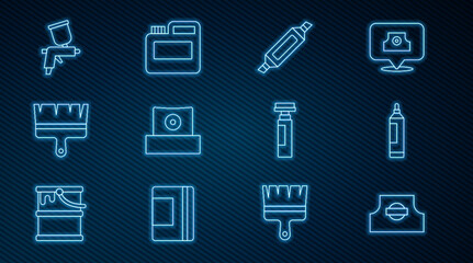 Set line Spray can nozzle cap, Marker pen, Paint brush, spray gun, and Paint, gouache, jar, dye icon. Vector