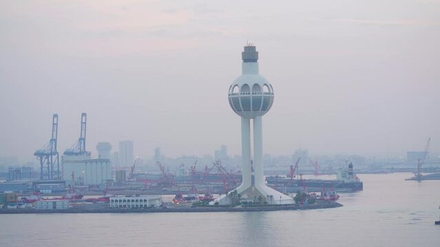 4k, panoramic aerial view of the port and lighthouse of Jeddah, Saudi Arabia