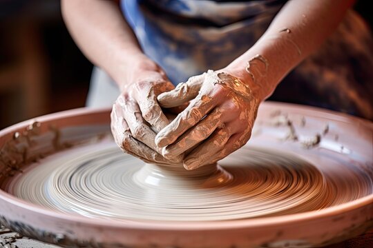 Ceramic Artistry: A Skilled Pottery Master Crafting Clay on a Wheel in a Beautifully Lit Studio - A Close Up View of Her Hand-Made Bowls and Process