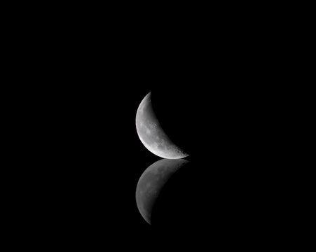 Waning Crescent Moon With Reflection on Black Background 7-11-2023 - Powered by Adobe