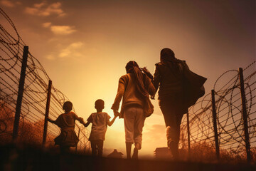 refugees in front of barbed wire border - 636341435