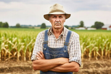 angry farmer in front of his field - 636341465